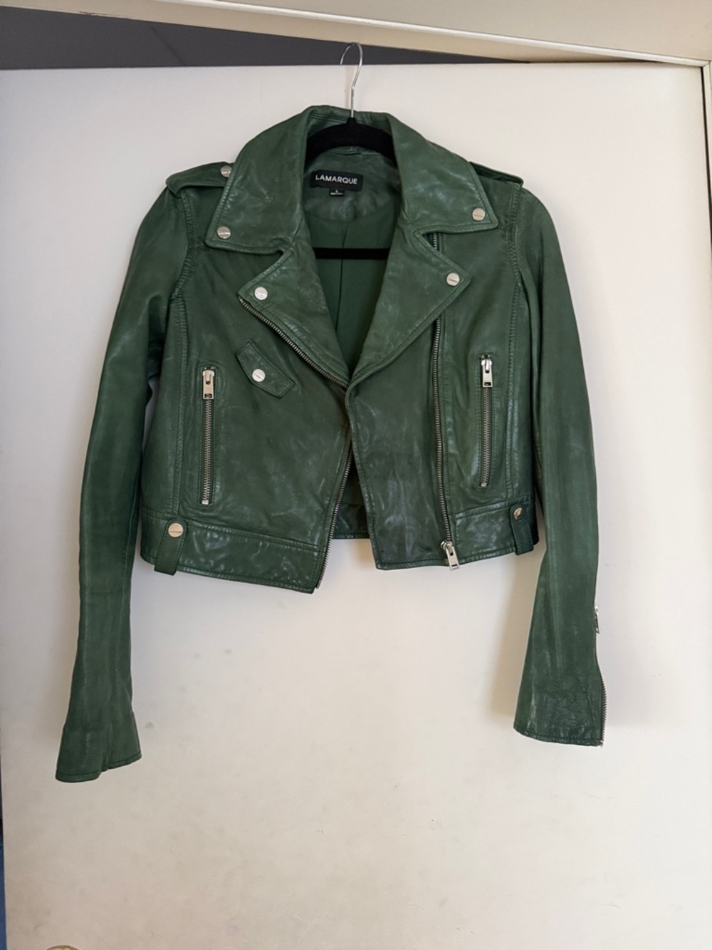 Lamarque Forest Green Leather Moto Jacket